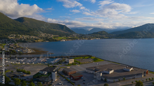 Orsta Norway cityscape. Panoramic aerial view from drone at sunset in july 2019