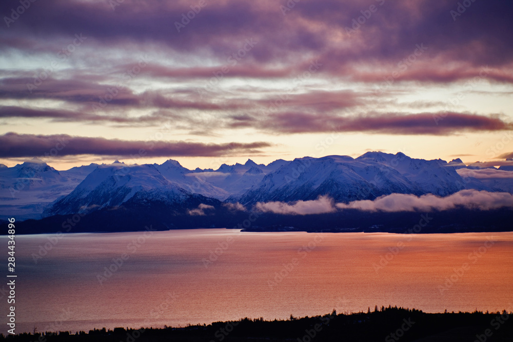 Kachemak Bay and Kenai Mountains during winter sunset from Homer, Alaska