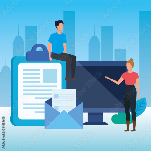 young couple with desktop characters