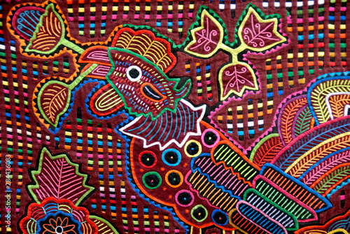 Central America, Panama, San Blas Islands (aka Kuna Yala). Colorful hand stitched mola made by the Kuna Indians, detail.