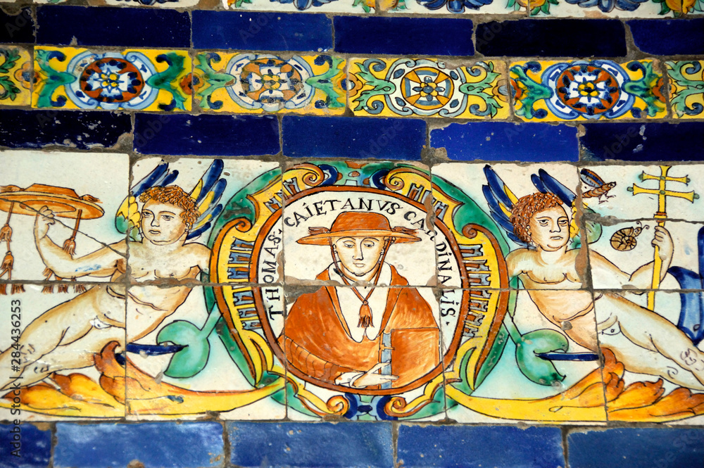 Peru, Lima. Convent Santo Domingo, detail of historic 17th century Spainsh tiles from Seville. Tiles are the oldest in Lima.