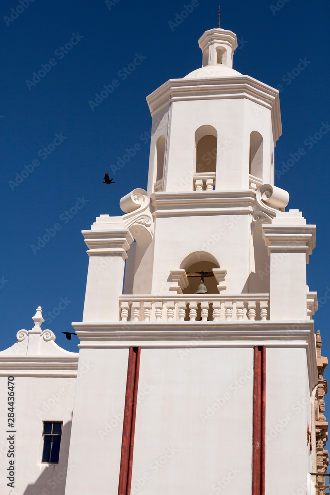 USA, Arizona, O'odham San Xavier Indian Reservation. West tower of San Xavier del Bac Mission.