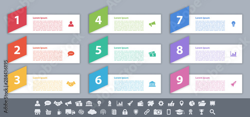Infographic design business concept vector illustration with 9 steps or options or processes represent work flow or diagram or web button banner