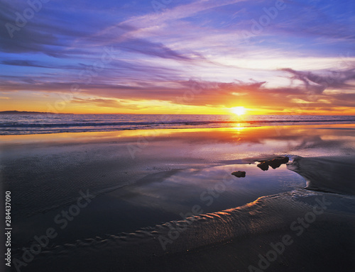 USA, California, Santa Barbara. Sunset on the ocean and beach. 