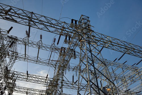 USA, Nevada, Hoover Dam, Power lines and towers leading from the Hoover Dam.