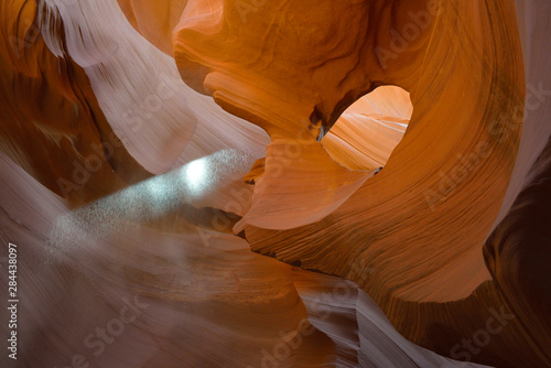 USA, Arizona, Navajo Nation, Antelope Canyon, Hasdestwazi. Shaft of light in the slots, Lower Antelope Canyon