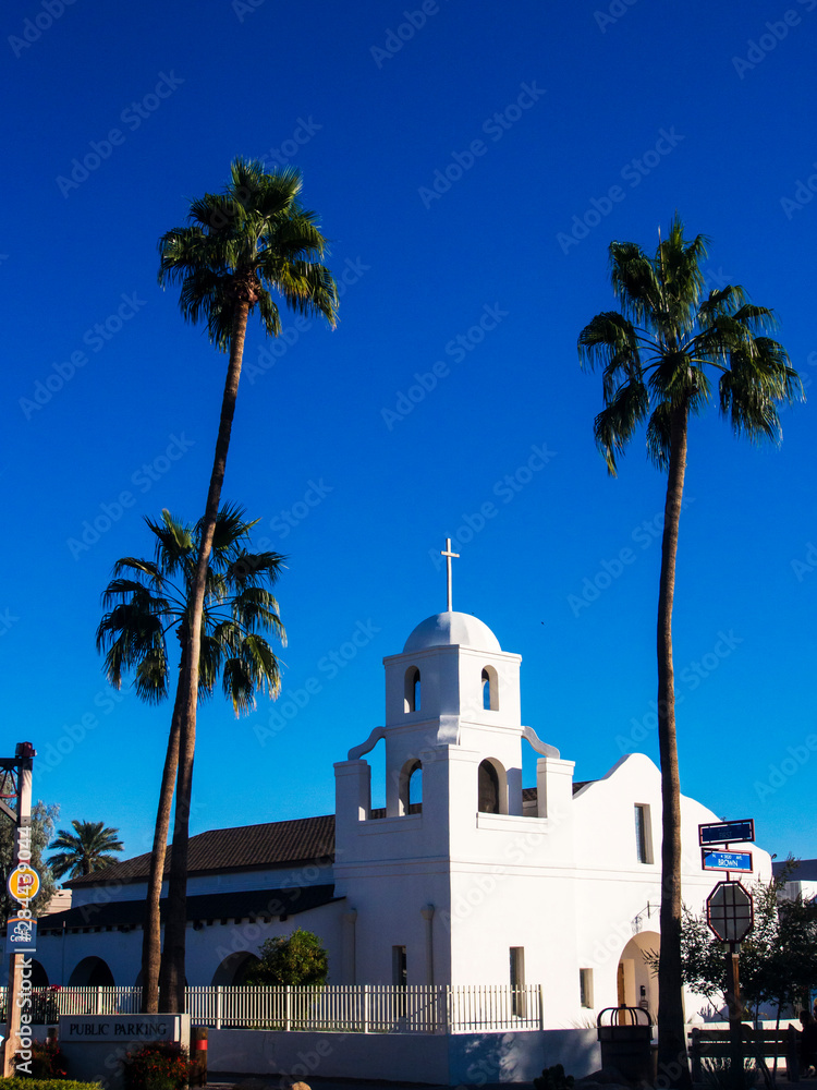 USA, Arizona, Old Scotsdale, Old Mission Church, Our Lady of Perpetual Help With Blue Sky