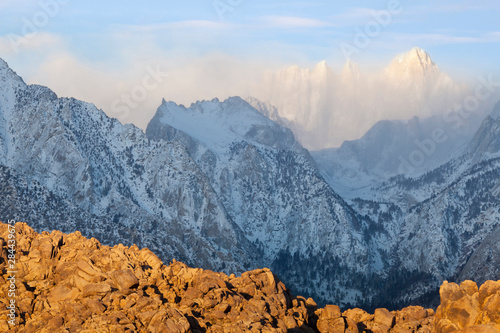 USA, California, Lone Pine. Sunrise on Mount Whitney as seen from the Alabama Hills. Credit as: Don Paulson / Jaynes Gallery / DanitaDelimont.com