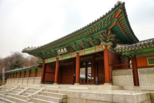 Seoul - April 2019: Ancient Korean palace building. Gyeonghuigung Palace.