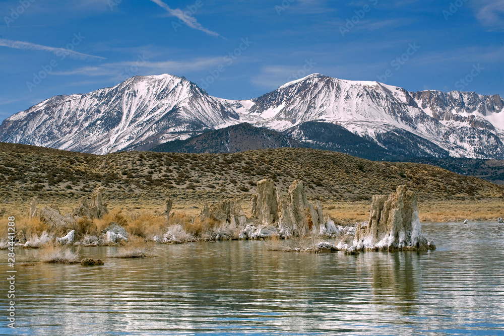 USA, California, Mono Lake. Mono Lake, off California's Highway 395, with it's unique tufa towers is a stopping place for over 2 million migrating birds.