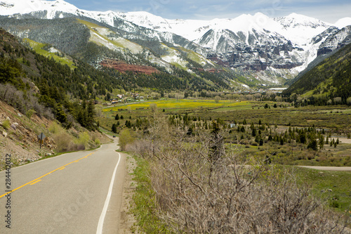 View of valley driving into Telluride, Colorado