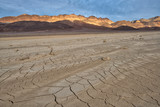 USA, California, Death Valley. Landscape of a dry wash where water had recently flowed but is now drying out, leaving deep cracks in the mud.