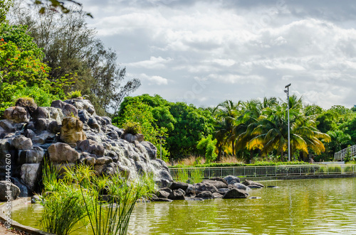 lake surrounded by natural and tropical landscapes of a park with an artifice wearing the lake with beautiful green tones and reflection in the water