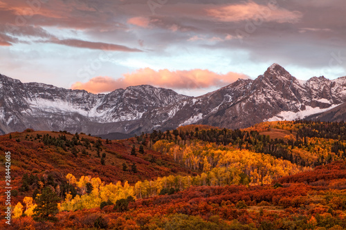 USA, Colorado, San Juan Mountains. Mountain and valley landscape in autumn. 