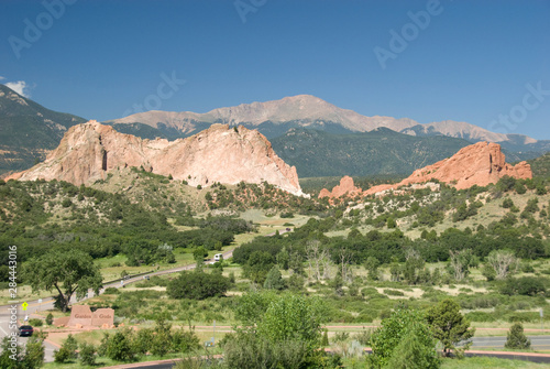 USA, Colorado, Colorado Springs, Garden of the Gods. Views of the famous red rock formations from the Visitor's Center, Pikes Peak in the distance.
