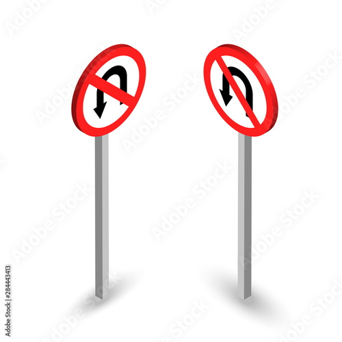 No U-turn road sign. Isometric set on the white