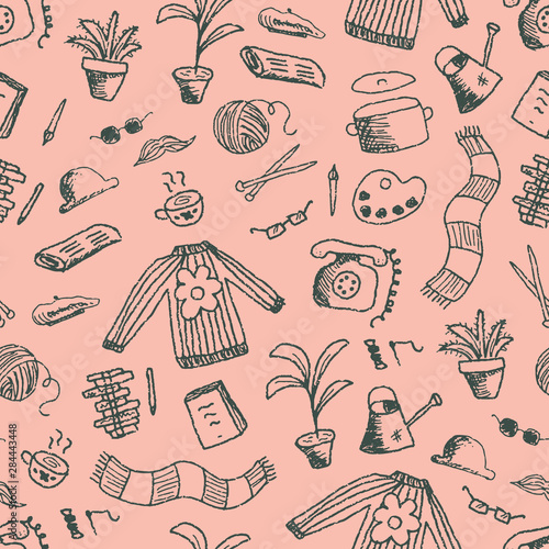 Grandparents Day seamless repeat pattern. Cute handmade doodle illustration in retro style with home essentials from our grandfather and grandmother. In pink and green for gift wrap and backgrounds
