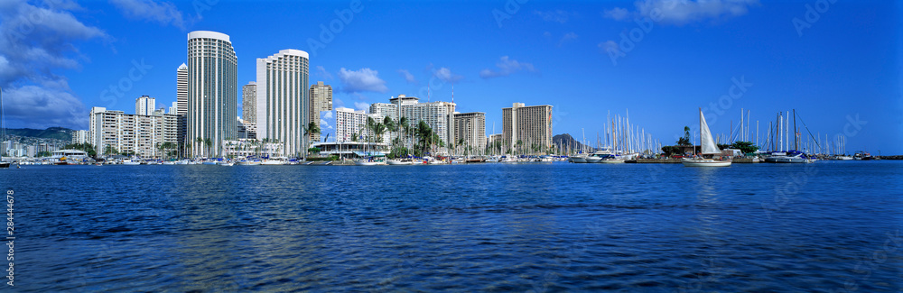 USA, Hawaii, Oahu, Honolulu. Sleek highrise buildings dominate Waikiki Beach, Honolulu, Oahu, Hawaii.