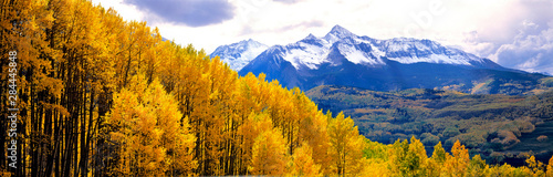 USA, Colorado, Telluride. Aspen forests cover the foothills of the San Juan Mountains near Telluride, Colorado