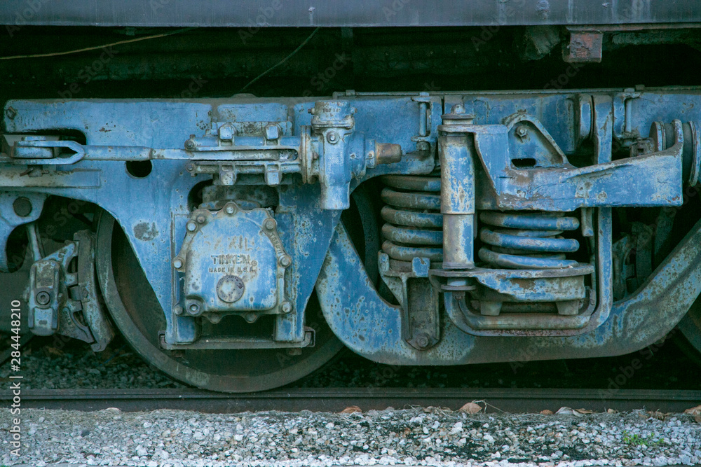 Close up of train wheels, Lincoln, Illinois, USA. Route 66