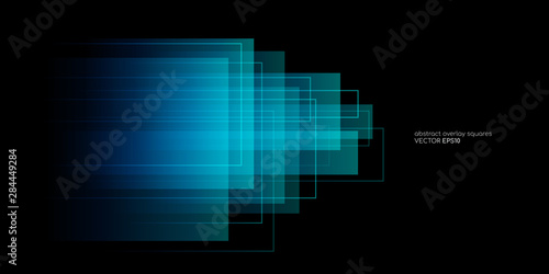 Abstract geometric rectangle shapes and lines transparent overlay with blue and green light colors isolated on black background. Vector illustration in concept innovation, technology, digital.