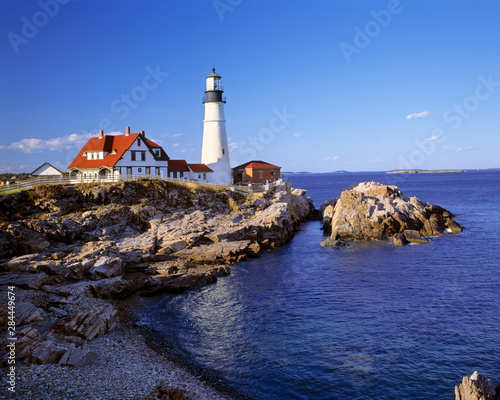 USA, Maine, Portland Head Light. Portland Head Lighthouse brightens the austere coast of Maine.