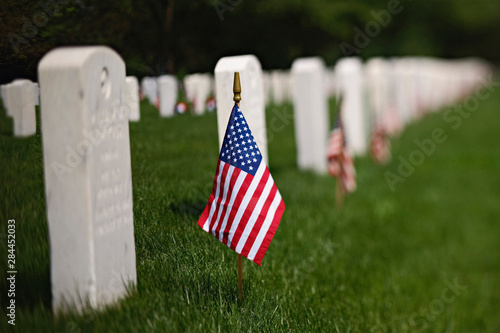 American flags on tombs of American Veterans on Memorial Day, Zachary Taylor National Cemetery, Louisville, Kentucky (Blur Effect)On National Register of Historic Places photo