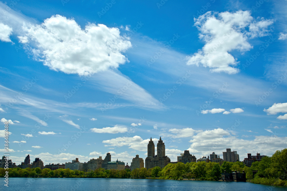 USA, NY, New York City. Central Park Reservoir and cityscape on the South and West side of the Park