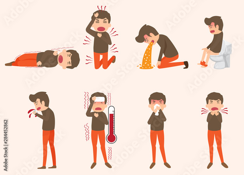 Man With Food Poisoning Symptoms, Stomach, Internal Organs, Body, Physical, Sickness, Anatomy, Sick characters set of people with pain and diseases isolated vector illustration. Health and medical.
