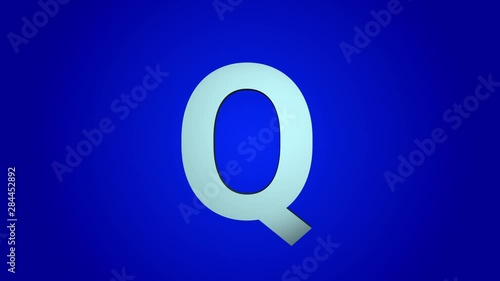 Q letter 3D rotation on a blue background Alphabet