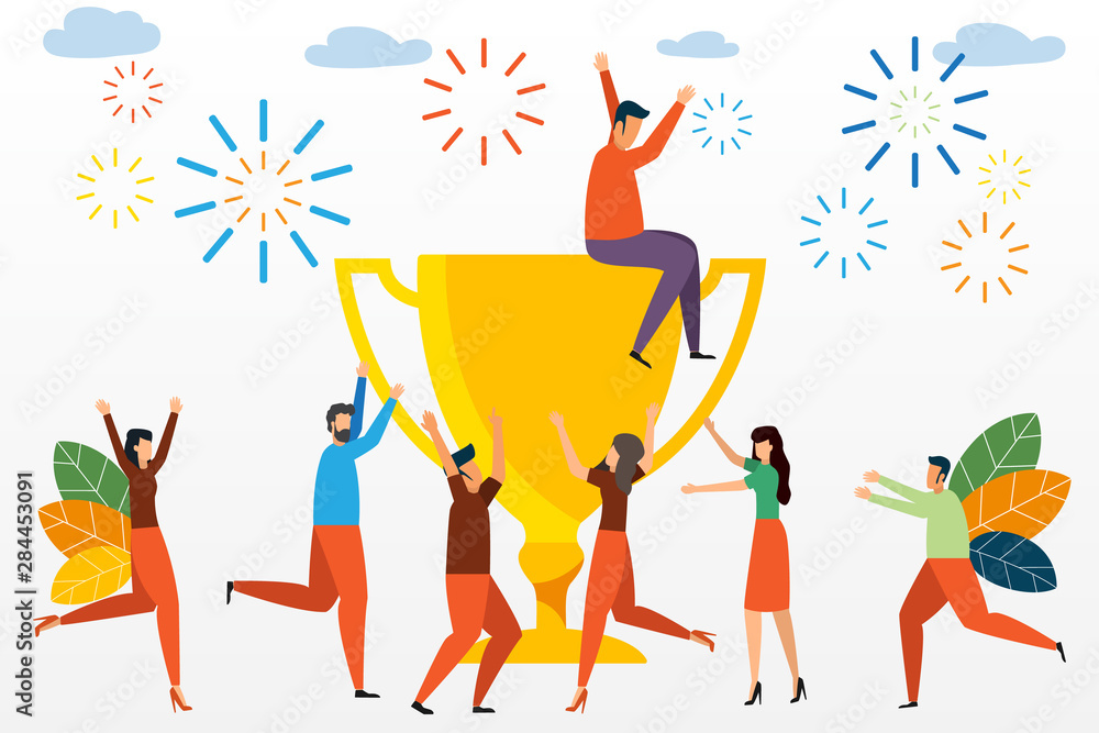Success business team concept illustration. Small people celebrate ...