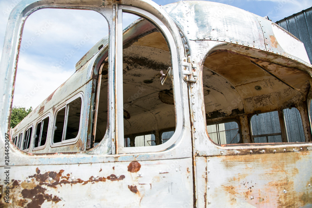 Rusted antique bus, Tucumcari, New Mexico, USA.