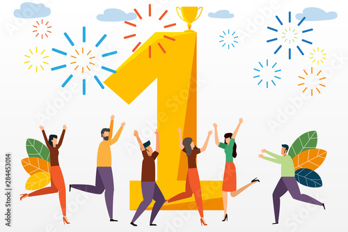 Winner business team, Victory in the first place, Number one, Joyful people around the winner number one. Concept of achieving a business goal vector, Vector illustration.