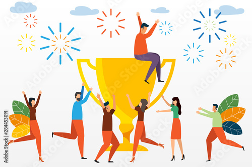 Success business team concept illustration. Small people celebrate success achievement with a big trophy. can be use for landing page. template. vector illustration.