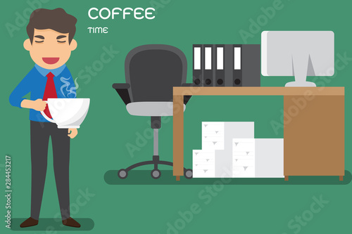 Cartoon businessman drink coffee because of drowsiness and need more big coffee cup. (suffer from severe dysentery), Coffee addiction. vector illustration.