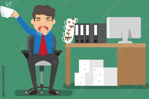 Cartoon businessman drink coffee because of drowsiness and need more big coffee cup. (suffer from severe dysentery), Coffee addiction. vector illustration.