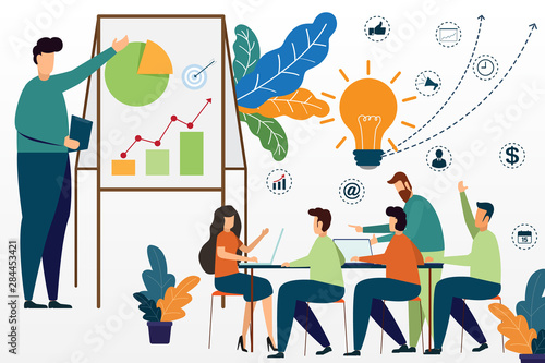 Business man presentation at front graph and teamwork with employees discussion at desk in conference room. freelancers in coworking center. business success team. vector illustration.