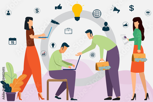 Business man presentation at front graph and teamwork with employees discussion at desk in conference room. freelancers in coworking center. business success team. vector illustration.