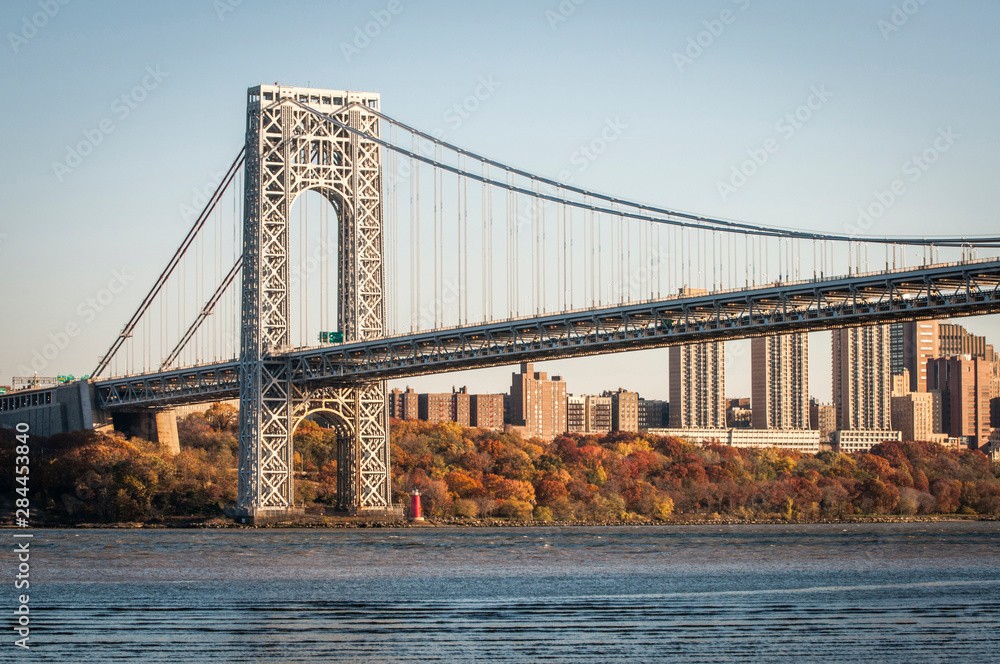 USA, New Jersey, Hudson River Basin, view of George Washington Bridge from Hazard's Dock area underneath the structure.