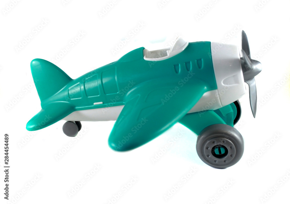  toy airplane with a propeller, on wheels, azure, white, gray, without pilot, side view
