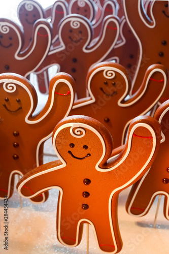 New York City  NY  USA. Gingerbread men wave hello in a Holiday window display on 5th Avenue.