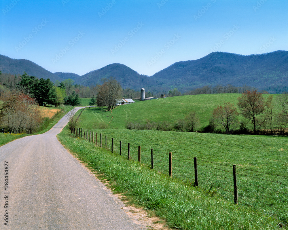 USA, North Carolina, Asheville. A winding road leads to an isolated farm in the hills near Asheville, North Carolina.