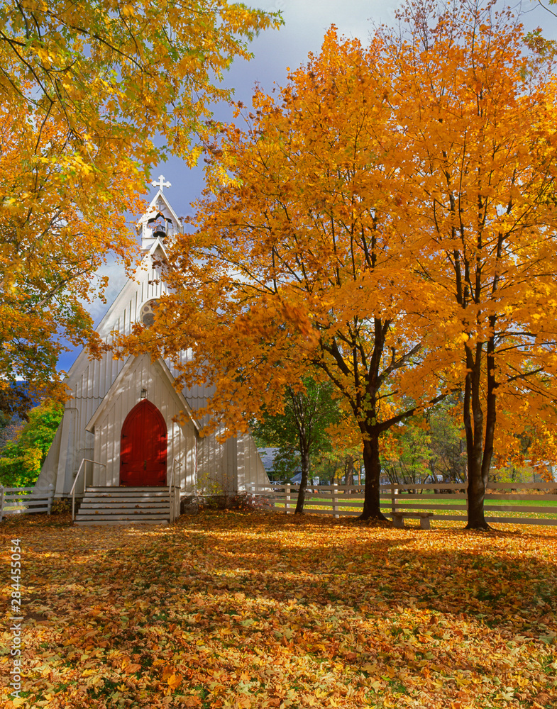 USA, Oregon, Cove. Ascension Chapel surrounded by autumn color. 