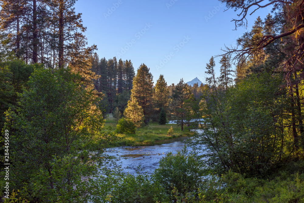 Fototapeta premium USA, Oregon, Deschutes National Forest, Headwaters of the Metolius River and distant Mount Jefferson at sunset. The Metolius River is a federally designated Wild and Scenic River.