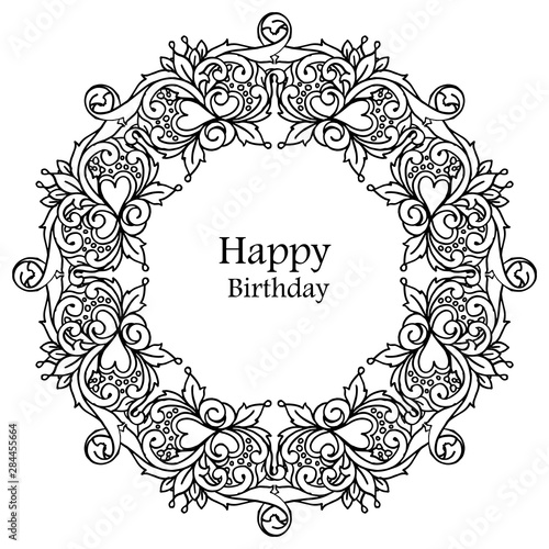 Black white flower frame, decoration style silhouette, for greeting card, invitation card happy birthday. Vector