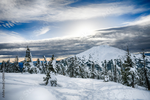 Deschutes National Forest, Oregon, USA. Mt. Bachelor from Mt. Tumalo in winter.