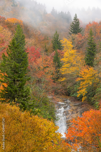 USA, North Carolina, Bubbling Springs Falls. Autumn scenic of the falls. Cred...