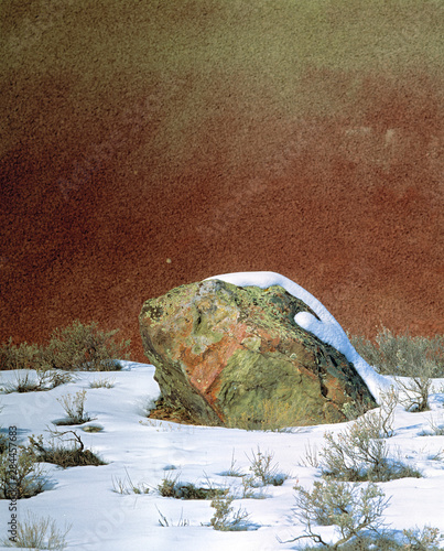 USA, Oregon, John Day Fossil Beds NM. Snow is a welcome addition to the arid ...