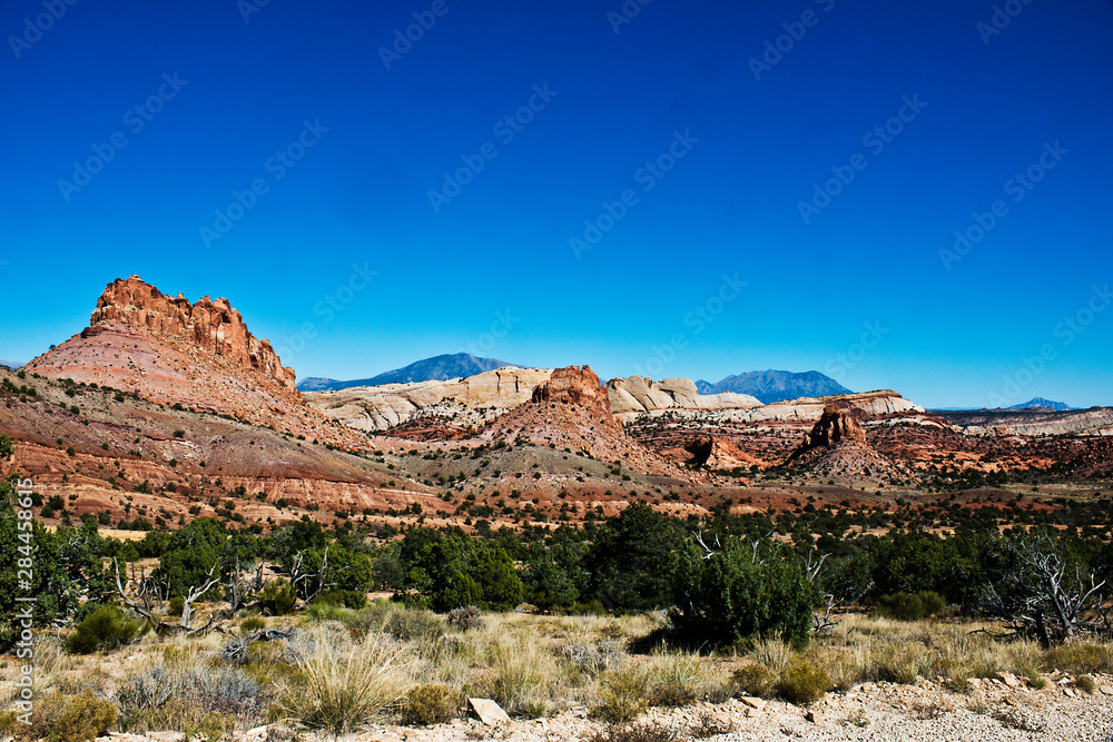 USA, Utah, Boulder, Burr Trail, Vista of the Waterpocket Fold and Henry Mountains