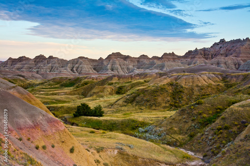 Colorful hills at sunset, Badlands Loop Trail, Badlands National Park, South Dakota, USA